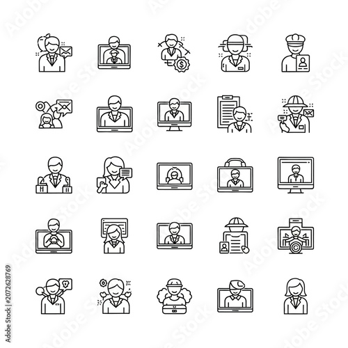 Professional worker avatars and career line icons set
