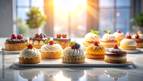 A tray of assorted desserts with whipped cream and fruit toppings on a table
