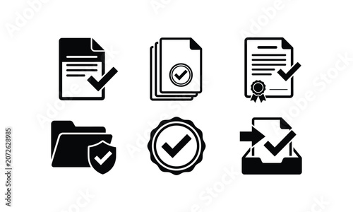 Document validation and approved paperwork icon collection.