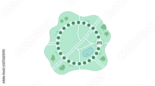 Circular park layout illustration with pathways, trees, and a pond in a green landscape design