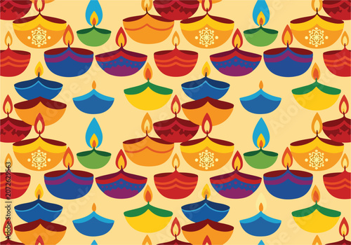 A vibrant pattern of colorful oil lamps on a yellow background