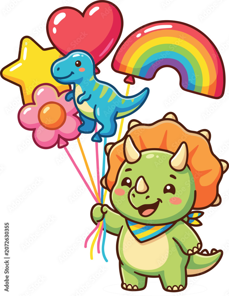 Obraz premium Cute triceratops dinosaur cartoon character holding colorful rainbow heart star and t-rex balloons sticker vector illustration for children party branding