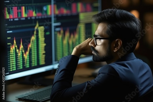 Man in suit and glasses analyzing colorful trading charts on multiple monitors in a dark office