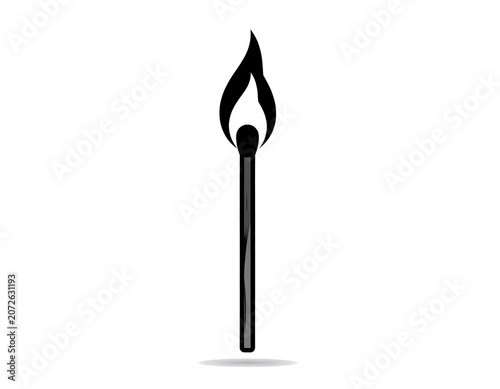 Single lit matchstick with flame isolated on white background