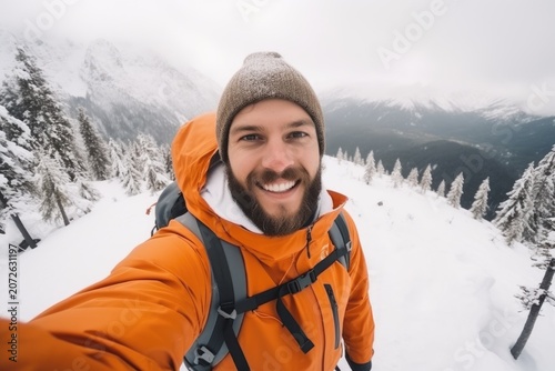 Smiling bearded hiker in orange jacket and knit hat taking a selfie on a snowy mountain trail with backpack, foggy peaks and winter trees in background