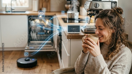 Woman drinking coffee in kitchen with smart home assistant controlling dishwater and robot vacuum. Intelligent household appliances and digital automation for modern comfortable lifestyle.