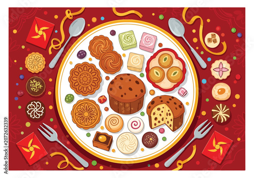 A vibrant plate of assorted desserts on a red tablecloth