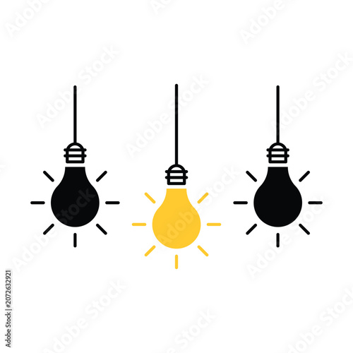 three hanging light bulb like insight thinking. flat minimal simple trend logo design element isolated on white. concept of abstract or simplicity symbol like different person or easy knowledge