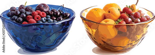 Quadro su tela Two Decorative Glass Fruit Bowls Filled with Fresh Berries Grapes Apricots and S