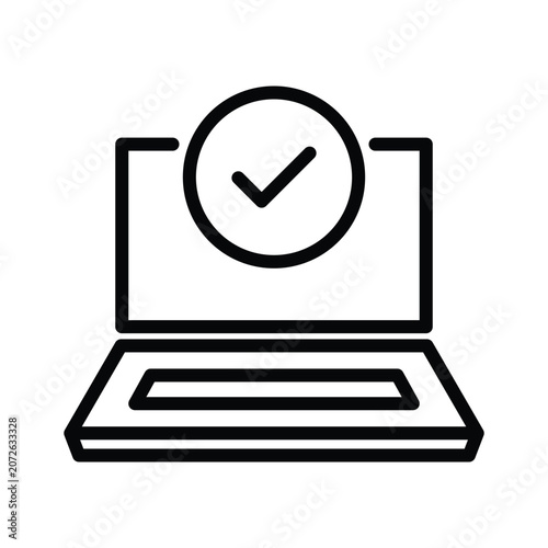 validate icon with thin line laptop and checkmark. linear simple logotype stroke design web element isolated on white. concept of easy access and program or os upgrade or authorization or registration