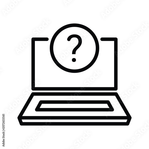black thin line laptop icon with question mark. linear simple trend modern simple info logotype element web graphic stroke art design isolated on white. concept of find inform or questionnaire service