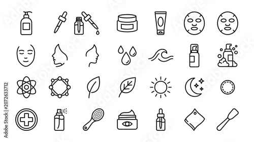 Line art vector icons set for skincare, beauty and cosmetics, including bottles, jars, droppers, pills, leaves, sun and moon symbols