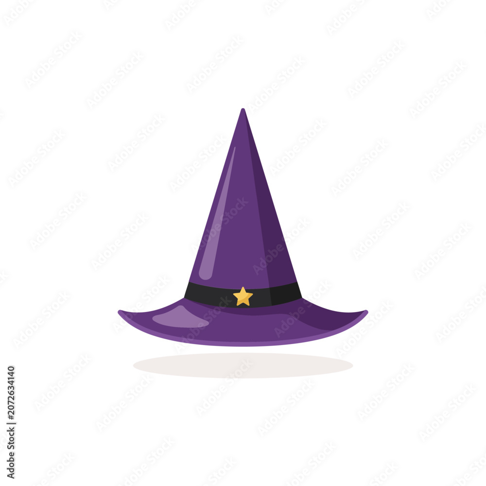 Fototapeta premium Purple witch hat with gold star for halloween celebration isolated on white background, for holiday party, decoration projects