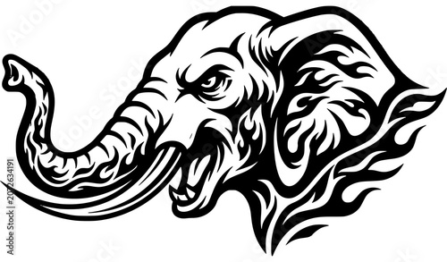Photography Stylized Elephant Head Illustration with Tribal Tattoo Inspired Decorative Line
