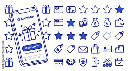 Doodle-style mobile shopping rewards illustration with a smartphone surrounded by gifts, stars, coins, calendar and loyalty icons for ecommerce promotions