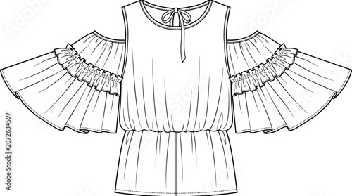 Valokuva Technical fashion illustration of a women’s cold shoulder top with tiered ruffle