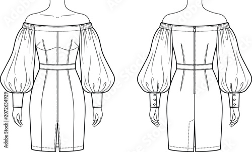 Bild auf Leinwand Technical fashion sketch of a women's off-shoulder mini dress with long puff sle