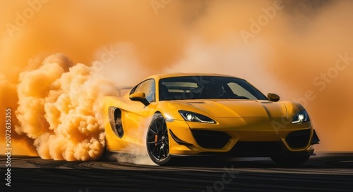 Yellow sports car drifting on track with smoke and dust