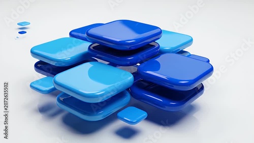 Abstract Blue Squares Flowing and Stacking on a White Background, Dynamic 3D Animation.