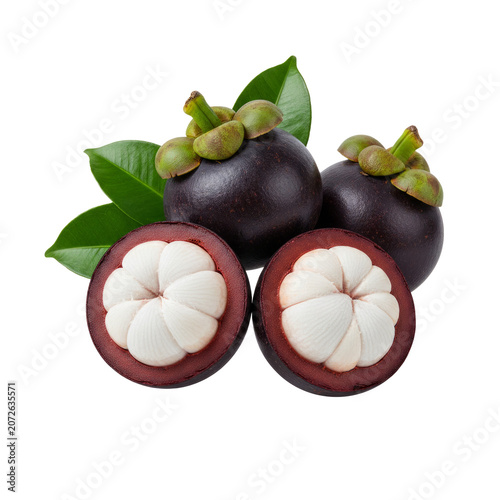 Whole and halved mangosteen fruits with fresh green leaves, isolated on a transparent background