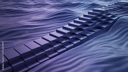 Abstract 3D Animation of Wavy Surface with Rectangular Blocks in Blue and Purple Tones.