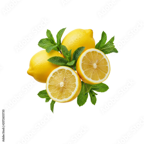 Fresh Lemons Bunch with Mint Leaves Isolated on a Transparent Background