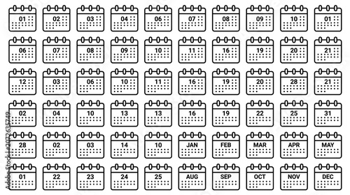 Set of calendar icons in a uniform grid style, black and white vector illustrations
