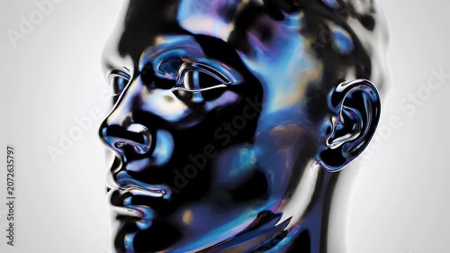 Abstract Metallic Human Head Sculpture with Iridescent Reflections on White Background.