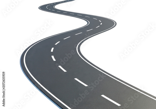 Winding asphalt road with white dashed lines isolated on transparent background, transportation, journey, travel, direction, highway, pathway, freedom, exploration, navigation.