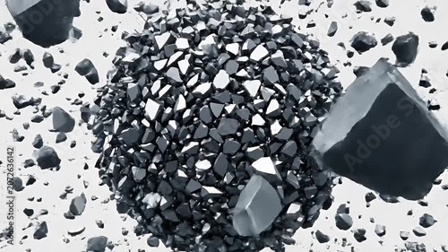 Abstract 3D animation of small dark particles forming and dispersing on a white background.