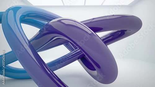Abstract 3D Render of Blue and Purple Glossy Intertwined Shapes in a Modern White Interior.