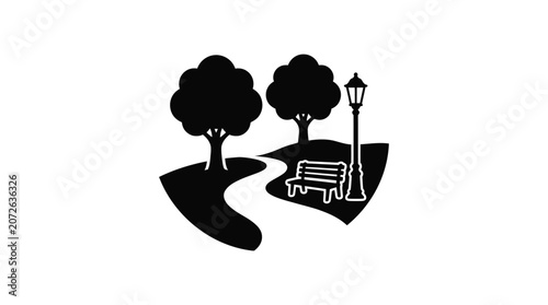 Foto Park scene with trees bench and lamppost black silhouette