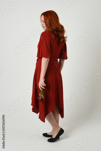 Full length portrait of beautiful redhead model wearing elegant red modern dress. standing pose, walking away facing backwards, holding a romantic red rose, isolated figure studio background