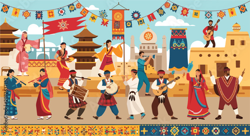 A vibrant procession scene with people in traditional dress
