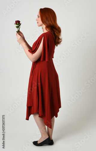 Full length portrait of beautiful redhead model wearing elegant red modern dress. standing pose, walking away facing backwards, holding a romantic red rose, isolated figure studio background