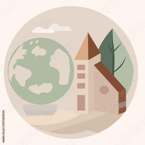 Sustainable green city concept with eco friendly building and planet earth globe. Environmental protection, carbon neutral lifestyle, and ecology conservation flat vector illustration.