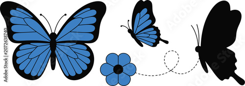 Canvastavla Blue morpho butterfly silhouettes, flying butterfly icons with spring flowers for garden nature themes and elegant decorative artwork