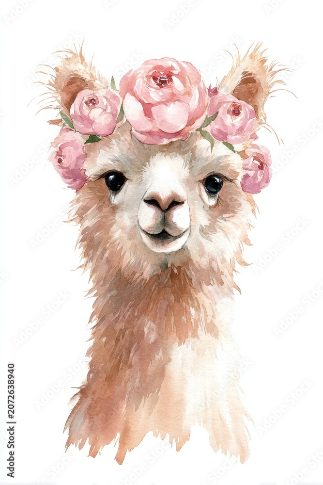 Fototapeta premium Adorable alpaca character with a bouquet of pink blossoms on the head, watercolor art on a plain white surface