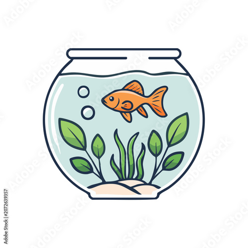 Goldfish in a fishbowl with plants and bubbles