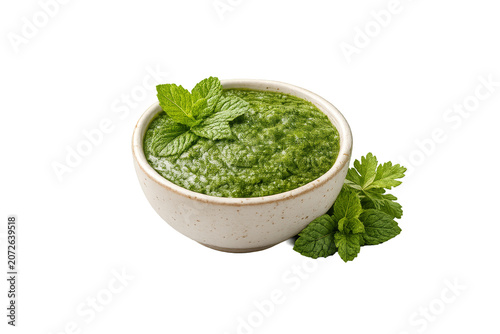 Green Chutney in Ceramic Bowl with Mint and Coriander