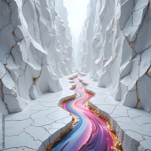 Abstract colorful liquid river flowing through white kintsugi marble canyon