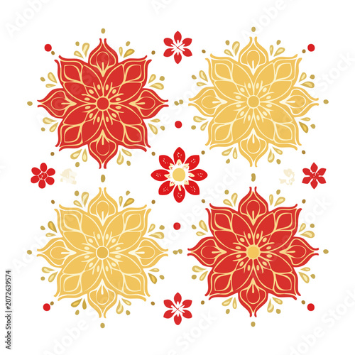 Red and yellow floral mandala pattern on white background