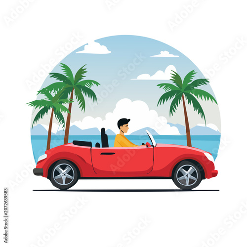 Red convertible car with driver on tropical beach