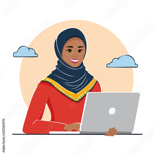 Woman in hijab using laptop, flat vector illustration