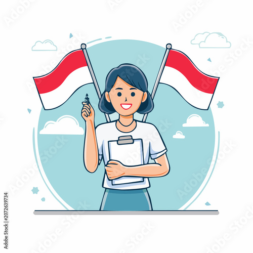 Woman with Indonesian Flags and Clipboard