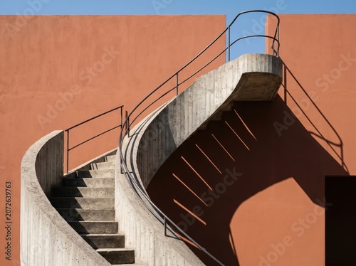 Minimalist spiral concrete staircase against terracotta wall, modern architectural design with harsh shadows, brutalist outdoor stairs and blue sky