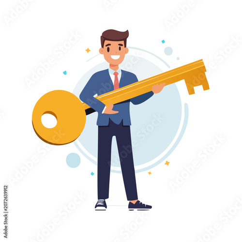 Businessman holding giant golden key illustration