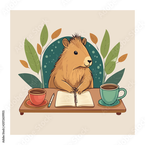Cartoon owl sitting with coffee and book