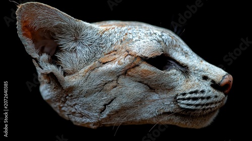 Close-up portrait of a cat's head in profile. Fur, nose, and eye details are highlighted. Black background