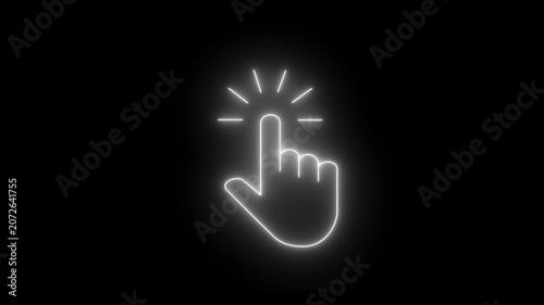 Glowing neon hand mouse cursor icon on black background. hand cursor with click and accent.Mouse pointer hand click icon.Technology interface animation.
